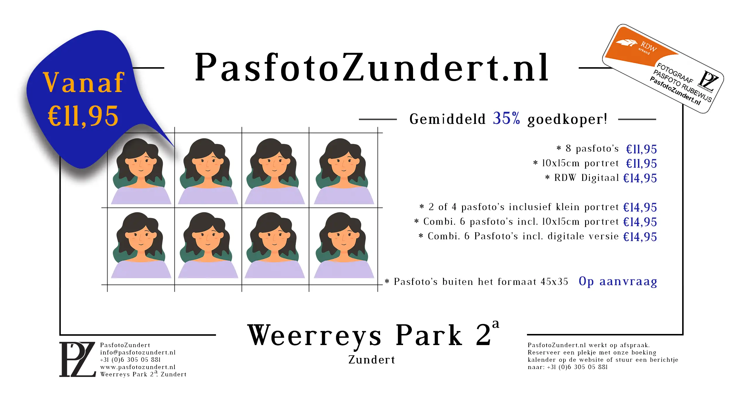 Pasfoto Zundert Banner met prijstlijst en illustratie
